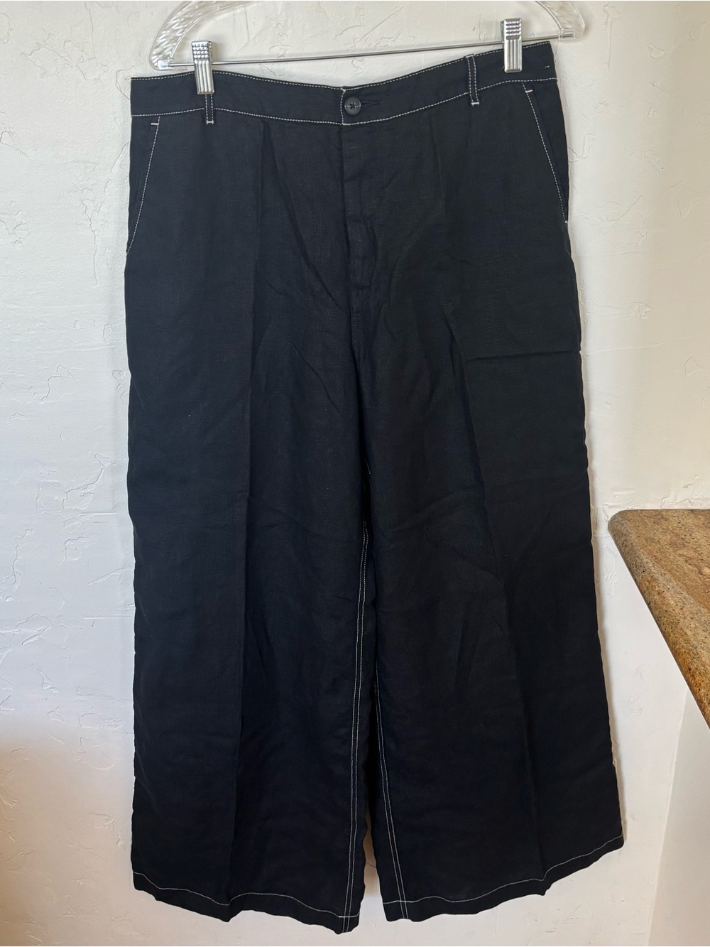 Madewell Zoe Relaxed Black Wide-Leg Linen pants with Contrast Stitching